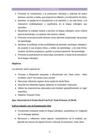 Secuencia Didáctica
3
● Promover la comprensión y la producción individual y colectiva de textos
diversos, escritos y orales, que propicien la reflexión y el intercambio de ideas.
● Incentivar el pasaje de la comprensión a la expresión y, de esta forma, a la
interacción contextualizada y significativa en la lengua extranjera que
aprenden.
● Revalorizar la oralidad, lectura y escritura en lengua extranjera como medios
para el aprendizaje y la apertura del universo cultural.
● Promover el reconocimiento del error como elemento fundamental del proceso
de aprendizaje.
● Incentivar la confianza en las posibilidades de aprender una lengua extranjera,
de acuerdo a sus propios ritmos y estilos de aprendizaje, y de esta forma,
construir de forma progresiva y guiada su propia autonomía del aprendizaje.
● Promover la participaciónen otras áreas curriculares a través de la articulación
de la lengua extranjera.
Objetivos:
Los alumnos serán capaces de :
● Formular y Responder preguntas y afirmaciones con “there is/are - there
isn’t/there aren’t” de manera oral y escrita.
● Reconocer diferentes lugares de la ciudad de Santa Rosa.
● Describir los diferentes lugares utilizando el vocabulario adecuado.
● Utilizar las preposiciones adecuadas para localizar geográficamente un lugar
específico.
● (Objetivo Proyecto Final)
Ejes: Recorrido de 4 Ciclos Nivel II de IV (2° Ciclo Primaria ) P.26-30.
EJE en relación con la Comprensión Oral
● Comprender consignas orales en lengua extranjera, apoyándose en imágenes
y/o en lenguaje gestual.
● Reconocer y reflexionar sobre algunas características de la oralidad, por
ejemplo las marcas de registro formal e informal, la entonación, entre otras.
 