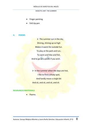 MÓDULO DE DIDÁCTICA DEL INGLÉS

                             DIDACTIC UNIT: THE SUMMER



                     Finger painting
                     Felt-tip pen




4.     POEMS
                               The summer sun in the sky,
                              Shining, shining up so high
                            Makes it warm for outside fun.
                              To play at the park and run,
                              To swim and hike and fish,
                       And to go on a picnic if you wish.




                         In the summer when the days are hot,
                               I like to find a shady spot,
                             And hardly move a single bit
                        And sit, and sit, and sit, and sit.


RESOURCES MATERIALS
                     Poems




Autoras: Soraya Malpica Montes y Laura Nuño Sánchez. Educación Infantil, 2º D   8
 