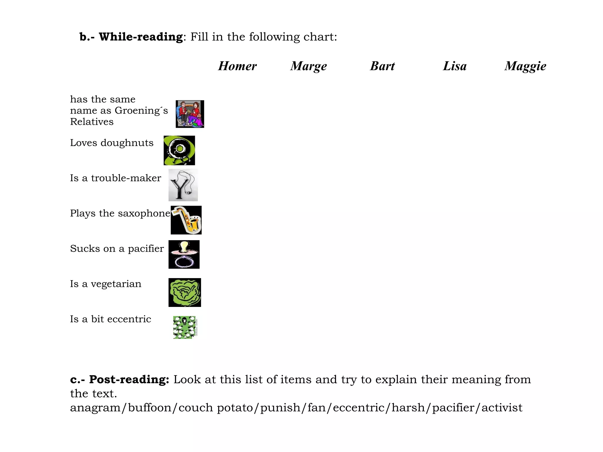 b.- While-reading: Fill in the following chart:
Homer Marge Bart Lisa Maggie
has the same
name as Groening´s
Relatives
Loves doughnuts
Is a trouble-maker
Plays the saxophone
Sucks on a pacifier
Is a vegetarian
Is a bit eccentric
c.- Post-reading: Look at this list of items and try to explain their meaning from
the text.
anagram/buffoon/couch potato/punish/fan/eccentric/harsh/pacifier/activist
 