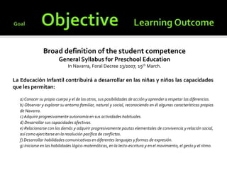 Broad definition of the student competence
General Syllabus for Preschool Education
In Navarra, Foral Decree 23/2007, 19th March.
La Educación Infantil contribuirá a desarrollar en las niñas y niños las capacidades
que les permitan:
a) Conocer su propio cuerpo y el de los otros, sus posibilidades de acción y aprender a respetar las diferencias.
b) Observar y explorar su entorno familiar, natural y social, reconociendo en él algunas características propias
de Navarra.
c) Adquirir progresivamente autonomía en sus actividades habituales.
d) Desarrollar sus capacidades afectivas.
e) Relacionarse con los demás y adquirir progresivamente pautas elementales de convivencia y relación social,
así como ejercitarse en la resolución pacífica de conflictos.
f) Desarrollar habilidades comunicativas en diferentes lenguajes y formas de expresión.
g) Iniciarse en las habilidades lógico-matemáticas, en la lecto-escritura y en el movimiento, el gesto y el ritmo.
 