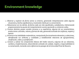 1. Observar y explorar de forma activa su entorno, generando interpretaciones sobre algunas
situaciones y hechos significativos y mostrando interés por su conocimiento.
2. Relacionarse con los demás, de forma cada vez más equilibrada y satisfactoria, interiorizando
progresivamente las pautas de comportamiento social y ajustando su conducta a ellas.
3. Conocer distintos grupos sociales cercanos a su experiencia, algunas de sus características,
producciones culturales, valores y formas de vida, generando actitudes de confianza, respeto y
aprecio.
4. Iniciarse en las habilidades matemáticas, manipulando funcionalmente elementos y colecciones,
identificando sus atributos y cualidades y estableciendo relaciones de agrupamientos,
clasificación, orden y cuantificación.
5. Conocer y valorar los componentes básicos del medio natural y algunas de sus relaciones,
cambios y trasformaciones, desarrollando actitudes de cuidado, respeto y responsabilidad en
su conservación, tomando como referencia los paisajes de la Comunidad Foral de Navarra.
 