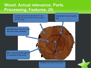    
Wood. Actual relevance. Parts.
Processing. Features. (II)
Bark: the outer trunk´s part. It
is a protector of the trunk..
Medullary Rays: they are cracks
from the center outwards.
Medulla: the inner trunk's part.
Heartwood: the best quality
part.
Sapwood: part of the trunk with life. It´s the
youngest part of the wood. Its colour is light. It
has a lot of sap.
 