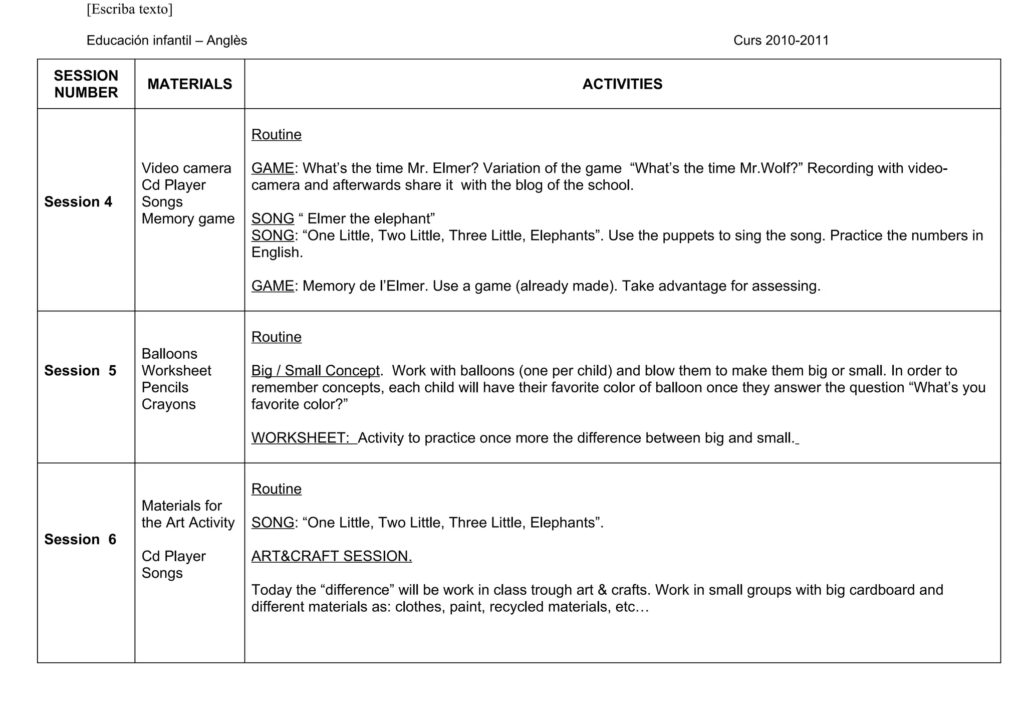 [Escriba texto]

     Educación infantil – Anglès                                                                              Curs 2010-2011

 SESSION
               MATERIALS                                                               ACTIVITIES
 NUMBER

                                   Routine

              Video camera         GAME: What’s the time Mr. Elmer? Variation of the game “What’s the time Mr.Wolf?” Recording with video-
              Cd Player            camera and afterwards share it with the blog of the school.
Session 4     Songs
              Memory game          SONG “ Elmer the elephant”
                                   SONG: “One Little, Two Little, Three Little, Elephants”. Use the puppets to sing the song. Practice the numbers in
                                   English.

                                   GAME: Memory de l’Elmer. Use a game (already made). Take advantage for assessing.


                                   Routine
              Balloons
Session 5     Worksheet            Big / Small Concept. Work with balloons (one per child) and blow them to make them big or small. In order to
              Pencils              remember concepts, each child will have their favorite color of balloon once they answer the question “What’s you
              Crayons              favorite color?”

                                   WORKSHEET: Activity to practice once more the difference between big and small.


                                   Routine
              Materials for
              the Art Activity     SONG: “One Little, Two Little, Three Little, Elephants”.
Session 6
              Cd Player            ART&CRAFT SESSION.
              Songs
                                   Today the “difference” will be work in class trough art & crafts. Work in small groups with big cardboard and
                                   different materials as: clothes, paint, recycled materials, etc…
 