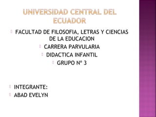  FACULTAD DE FILOSOFIA, LETRAS Y CIENCIAS
DE LA EDUCACION
 CARRERA PARVULARIA
 DIDACTICA INFANTIL
 GRUPO Nº 3
 INTEGRANTE:
 ABAD EVELYN
 