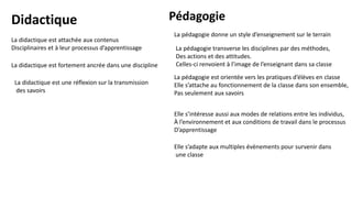 Pédagogie
Didactique
La didactique est attachée aux contenus
Disciplinaires et à leur processus d’apprentissage
La didactique est fortement ancrée dans une discipline
La didactique est une réflexion sur la transmission
des savoirs
La pédagogie donne un style d’enseignement sur le terrain
La pédagogie transverse les disciplines par des méthodes,
Des actions et des attitudes.
Celles-ci renvoient à l’image de l’enseignant dans sa classe
La pédagogie est orientée vers les pratiques d’élèves en classe
Elle s’attache au fonctionnement de la classe dans son ensemble,
Pas seulement aux savoirs
Elle s’intéresse aussi aux modes de relations entre les individus,
À l’environnement et aux conditions de travail dans le processus
D’apprentissage
Elle s’adapte aux multiples évènements pour survenir dans
une classe
 
