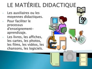 • Les auxiliaires ou les 
moyennes didactiques. 
• Pour faciliter le 
processus 
d'enseignement-aprendizaje. 
• Les livres, les affiches, 
les cartes, les photos, 
les films, les vidéos, les 
chansons, les logiciels. 
 