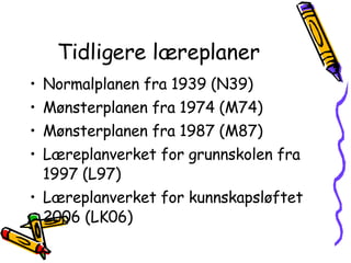 Tidligere læreplaner Normalplanen fra 1939 (N39) Mønsterplanen fra 1974 (M74) Mønsterplanen fra 1987 (M87) Læreplanverket for grunnskolen fra 1997 (L97) Læreplanverket for kunnskapsløftet 2006 (LK06) 