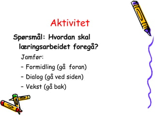Aktivitet Spørsmål: Hvordan skal læringsarbeidet foregå? Jamfør: Formidling (gå  foran) Dialog (gå ved siden) Vekst (gå bak) 