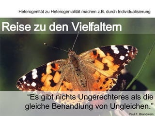 Reise zu den Vielfaltern “ Es gibt nichts Ungerechteres als die gleiche Behandlung von Ungleichen.” Paul F. Brandwein Heterogenität zu Heterogenialität machen z.B. durch Individualisierung 