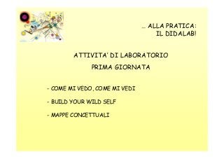 … ALLA PRATICA:
IL DIDALAB!
ATTIVITA’ DI LABORATORIO
PRIMA GIORNATA
- COME MI VEDO, COME MI VEDI
- BUILD YOUR WILD SELF
- MAPPE CONCETTUALI

 