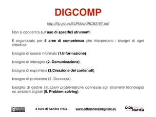 DIGCOMP
http://ftp.jrc.es/EURdoc/JRC83167.pdf
Non si concentra sull'uso di speciﬁci strumenti
È organizzato per 5 aree di competenza che interpretano i bisogni di ogni
cittadino:
bisogno di essere informato (1.Informazione),
bisogno di interagire (2. Comunicazione),
bisogno di esprimersi (3.Creazione dei contenuti),
bisogno di protezione (4. Sicurezza),
bisogno di gestire situazioni problematiche connesse agli strumenti tecnologici
ed ambienti digitali (5. Problem solving).
a cura di Sandra Troia www.cittadinanzadigitale.eu
 
