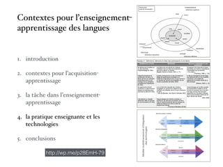 1. introduction
2. contextes pour l’acquisition-
apprentissage
3. la tâche dans l’enseignement-
apprentissage
4. la pratique enseignante et les
technologies
5. conclusions
Modèlemultidimensionneld’intégration
destechnologies
Contextes pour l’enseignement-
apprentissage des langues
http://wp.me/p28EmH-79
 