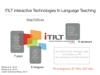 iTILT interactive Technologies In Language Teaching
7 pays
6 langues
site internet avec exemples vidéo
de pratique auTBI
plus ressources complémentaires
anglais
espagnol
français
gallois
néerlandais
turc
Allemagne
Belgique
Espagne
France
Pays bas
Pays de Galles
Turquie
primaire
secondaire
université
formation
professionnelle
4 secteurs
44 enseignants, 81 ﬁlms, 267 clips
http://itilt.eu
Whyte et al., 2013 ;
Whyte et al., 2014 ;
Cutrim Schmid & Whyte, 2014
 