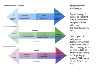 l’intégration des
technologies
“no technology […]
carries an inherent,
direct, measurable
and generalisable
eﬀect on
learning” (Colpaert,
2014)
“the impact of
educational
technology depends
on teachers’ uses of
the technology, which
depend in turn on
their understanding
of the pedagogic
purpose” (Hennessy
et London, 2013, p.
64)
 