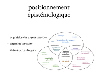 positionnement
épistémologique
• acquisition des langues secondes
• anglais de spécialité
• didactique des langues
 