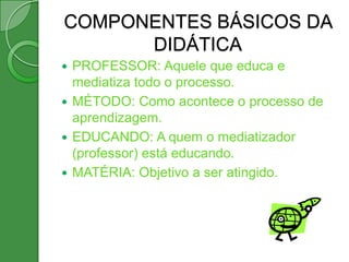 COMPONENTES BÁSICOS DA
      DIDÁTICA
 PROFESSOR: Aquele que educa e
  mediatiza todo o processo.
 MÉTODO: Como acontece o processo de
  aprendizagem.
 EDUCANDO: A quem o mediatizador
  (professor) está educando.
 MATÉRIA: Objetivo a ser atingido.
 