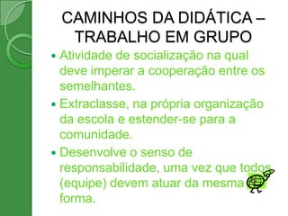 CAMINHOS DA DIDÁTICA –
     TRABALHO EM GRUPO
 Atividade de socialização na qual
  deve imperar a cooperação entre os
  semelhantes.
 Extraclasse, na própria organização
  da escola e estender-se para a
  comunidade.
 Desenvolve o senso de
  responsabilidade, uma vez que todos
  (equipe) devem atuar da mesma
  forma.
 