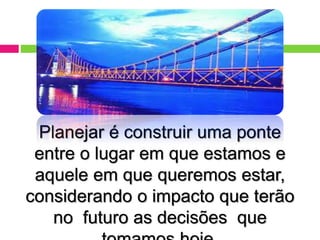 Planejar é construir uma ponte
entre o lugar em que estamos e
aquele em que queremos estar,
considerando o impacto que terão
no futuro as decisões que
 