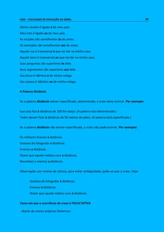 FASE – FACULDADE DE EDUCAÇÃO DA SERRA 55 
Minha revolta é ligada à do meu país. 
Meu luto é ligado ao do meu país. 
As orações são semelhantes às de antes. 
Os exemplos são semelhantes aos de antes. 
Aquela rua é transversal à que vai dar na minha casa. 
Aquele beco é transversal ao que vai dar na minha casa. 
Suas perguntas são superiores às dele. 
Seus argumentos são superiores aos dele. 
Sua blusa é idêntica à de minha colega. 
Seu casaco é idêntico ao de minha colega. 
A Palavra Distância 
Se a palavra distância estiver especificada, determinada, a crase deve ocorrer. Por exemplo: 
Sua casa fica à distância de 100 Km daqui. (A palavra está determinada.) 
Todos devem ficar à distância de 50 metros do palco. (A palavra está especificada.) 
Se a palavra distância não estiver especificada, a crase não pode ocorrer. Por exemplo: 
Os militares ficaram a distância. 
Gostava de fotografar a distância. 
Ensinou a distância. 
Dizem que aquele médico cura a distância. 
Reconheci o menino a distância. 
Observação: por motivo de clareza, para evitar ambiguidade, pode-se usar a crase. Veja: 
Gostava de fotografar à distância. 
Ensinou à distância. 
Dizem que aquele médico cura à distância. 
Casos em que a ocorrência da crase é FACULTATIVA 
- diante de nomes próprios femininos: 
 