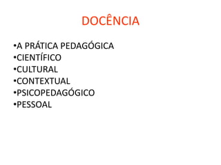 DOCÊNCIA
•A PRÁTICA PEDAGÓGICA
•CIENTÍFICO
•CULTURAL
•CONTEXTUAL
•PSICOPEDAGÓGICO
•PESSOAL
 