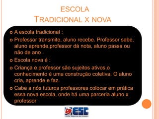 ESCOLA
TRADICIONAL X NOVA
 A escola tradicional :
 Professor transmite, aluno recebe. Professor sabe,
aluno aprende,professor dá nota, aluno passa ou
não de ano .
 Escola nova é :
 Criança e professor são sujeitos ativos,o
conhecimento é uma construção coletiva. O aluno
cria, aprende e faz.
 Cabe a nós futuros professores colocar em prática
essa nova escola, onde há uma parceria aluno x
professor
 