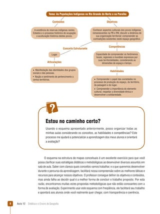 Tema: As Populações Indígenas no Rio Grande do Norte e na Paraíba
Conteúdos
A existência de reservas indígenas nestes
Estados e o processo histórico de ocupação
e aculturação histórica destes povos.

Objetivos
Conhecer aspectos culturais dos povos indígenas
remanescentes na PB e RN; discutir a dinâmica de
sua organização territorial; compreender as
contradições existentes neste espaço geográfico.

Competências

Conceito Estruturante
Lugar

Articulações

Capacidade de compreender os fenômenos
locais, regionais e mundiais expressos por
suas territorialidades, considerando as
dimensões de espaço e tempo.

• Manifestação das identidades dos grupos
sociais e das pessoas.
Noção e sentimento de pertencimento a
certos territórios.

Habilidades
• Compreender o papel das sociedades no
processo de produção do espaço, do território,
da paisagem e do lugar.
• Compreender a importância do elemento
cultural, respeitar a diversidade étnica e
desenvolver a solidariedade.

Estou no caminho certo?
Usando o esquema apresentado anteriormente, posso organizar todas as
minhas aulas considerando os conceitos, as habilidades e competências? Este
processo me ajudará a potencializar a aprendizagem dos meus alunos e orientará
a avaliação?

O esquema na estrutura de mapas conceituais é um excelente exercício para que você
possa clarificar suas estratégias didáticas e metodológicas ao desenvolver diversos assuntos em
sala de aula. Saber com clareza quais conceitos vamos trabalhar, e o que queremos desenvolver
durante o percurso da aprendizagem, facilitará nossa compreensão sobre as melhores táticas e
recursos para alcançar nossos objetivos. O professor consegue definir os objetivos e conteúdos,
mas ainda falha ao decidir qual é a melhor forma de concluir o trabalho proposto. Por esta
razão, encontramos muitas vezes propostas metodológicas que não estão consoantes com a
forma de avaliação. Experimente usar este esquema com freqüência, ele facilitará seu trabalho
e apontará aos alunos onde você realmente quer chegar, com transparência e coerência.

8

Aula 12  Didática e o Ensino de Geografia
 

 