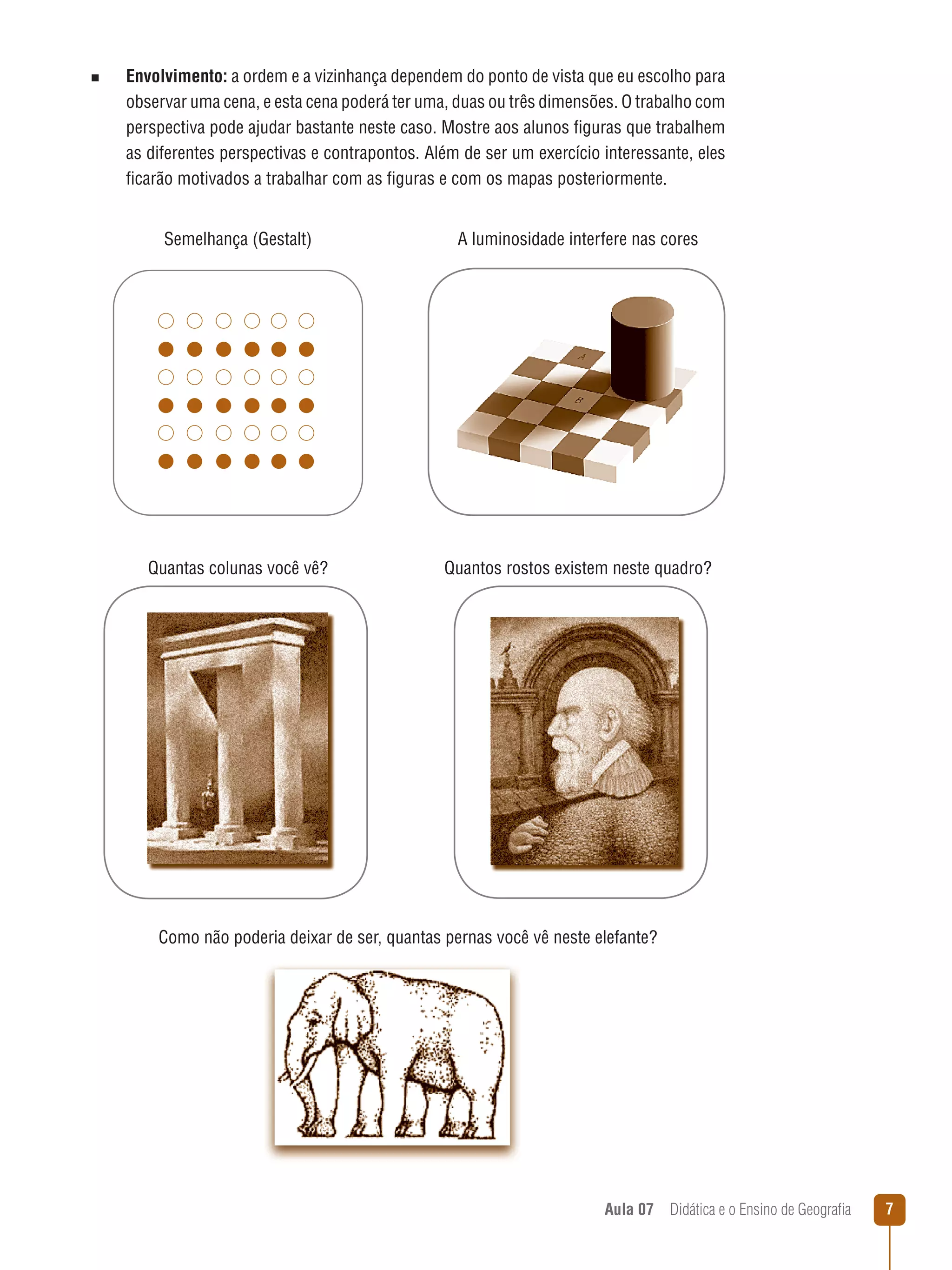 n  
Envolvimento:

a ordem e a vizinhança dependem do ponto de vista que eu escolho para
observar uma cena, e esta cena poderá ter uma, duas ou três dimensões. O trabalho com
perspectiva pode ajudar bastante neste caso. Mostre aos alunos figuras que trabalhem
as diferentes perspectivas e contrapontos. Além de ser um exercício interessante, eles
ficarão motivados a trabalhar com as figuras e com os mapas posteriormente.
Semelhança (Gestalt)

A luminosidade interfere nas cores

Quantas colunas você vê?

Quantos rostos existem neste quadro?

Como não poderia deixar de ser, quantas pernas você vê neste elefante?

Aula 07  Didática e o Ensino de Geografia



 