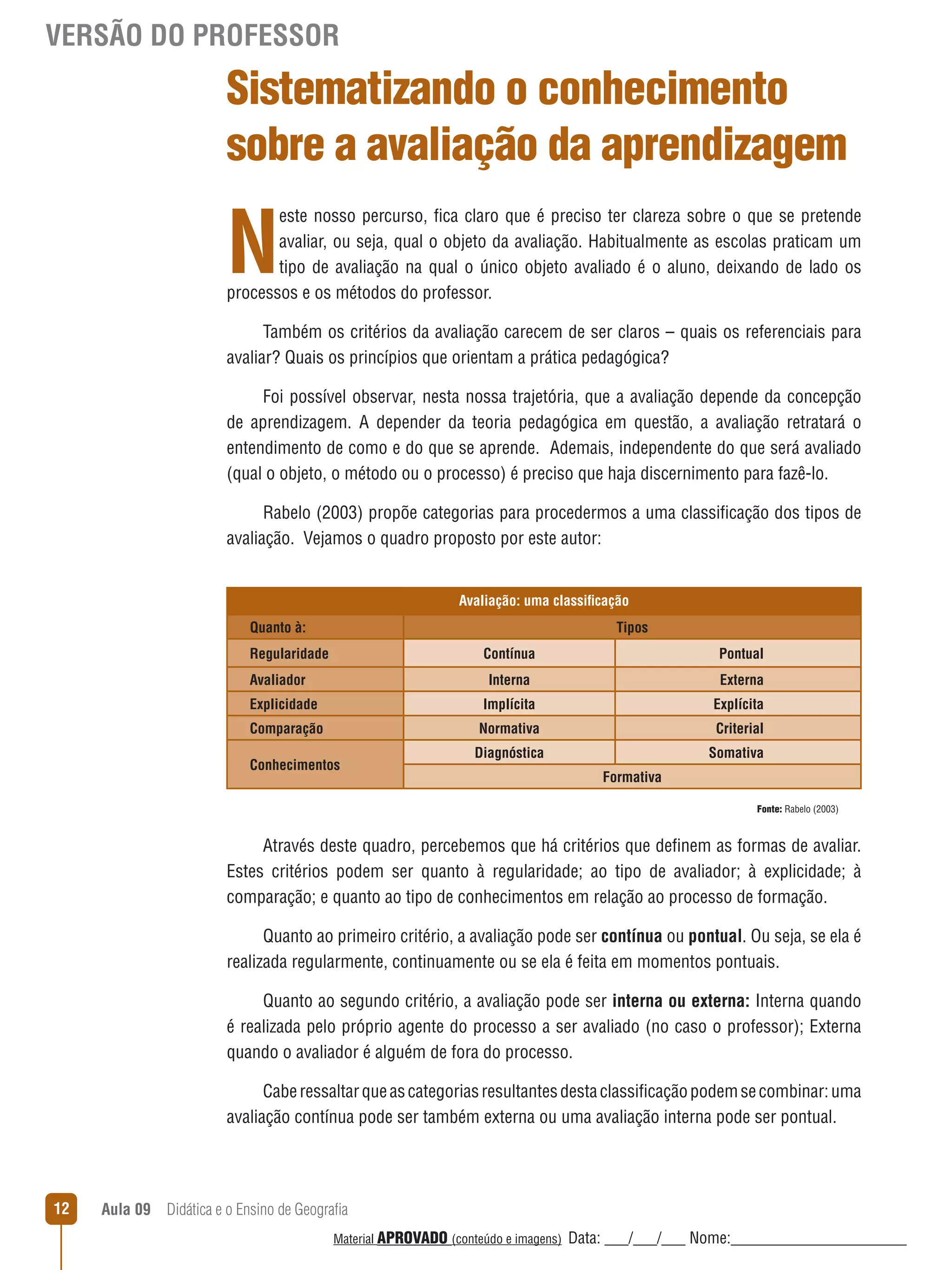 VERSÃO DO PROFESSOR

Sistematizando o conhecimento
sobre a avaliação da aprendizagem

N

este nosso percurso, fica claro que é preciso ter clareza sobre o que se pretende
avaliar, ou seja, qual o objeto da avaliação. Habitualmente as escolas praticam um
tipo de avaliação na qual o único objeto avaliado é o aluno, deixando de lado os
processos e os métodos do professor.
Também os critérios da avaliação carecem de ser claros – quais os referenciais para
avaliar? Quais os princípios que orientam a prática pedagógica?
Foi possível observar, nesta nossa trajetória, que a avaliação depende da concepção
de aprendizagem. A depender da teoria pedagógica em questão, a avaliação retratará o
entendimento de como e do que se aprende. Ademais, independente do que será avaliado
(qual o objeto, o método ou o processo) é preciso que haja discernimento para fazê-lo.
Rabelo (2003) propõe categorias para procedermos a uma classificação dos tipos de
avaliação. Vejamos o quadro proposto por este autor:
Avaliação: uma classificação
Quanto à:

Tipos

Regularidade

Contínua

Avaliador

Pontual

Interna

Externa

Explicidade

Implícita

Explícita

Comparação

Normativa

Criterial

Diagnóstica

Somativa

Conhecimentos

Formativa
Fonte: Rabelo (2003)

Através deste quadro, percebemos que há critérios que definem as formas de avaliar.
Estes critérios podem ser quanto à regularidade; ao tipo de avaliador; à explicidade; à
comparação; e quanto ao tipo de conhecimentos em relação ao processo de formação.
Quanto ao primeiro critério, a avaliação pode ser contínua ou pontual. Ou seja, se ela é
realizada regularmente, continuamente ou se ela é feita em momentos pontuais.
Quanto ao segundo critério, a avaliação pode ser interna ou externa: Interna quando
é realizada pelo próprio agente do processo a ser avaliado (no caso o professor); Externa
quando o avaliador é alguém de fora do processo.
Cabe ressaltar que as categorias resultantes desta classificação podem se combinar: uma
avaliação contínua pode ser também externa ou uma avaliação interna pode ser pontual.

12

Aula 09  Didática e o Ensino de Geografia
 
Material APROVADO (conteúdo e imagens)

Data: ___/___/___ Nome:______________________

 