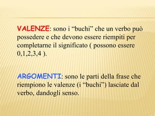 VALENZE: sono i “buchi” che un verbo può
possedere e che devono essere riempiti per
completarne il significato ( possono essere
0,1,2,3,4 ).


ARGOMENTI: sono le parti della frase che
riempiono le valenze (i “buchi”) lasciate dal
verbo, dandogli senso.
 
