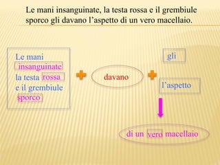 Le mani insanguinate, la testa rossa e il grembiule
   sporco gli davano l’aspetto di un vero macellaio.



Le mani                                      gli
 insanguinate
la testa rossa            davano
e il grembiule                             l’aspetto
 sporco



                                 di un vero macellaio
 