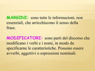 MARGINI: sono tutte le informazioni, non
essenziali, che arricchiscono il senso della
frase.

MODIFICATORI: sono parti del discorso che
modificano i verbi e i nomi, in modo da
specificarne le caratteristiche. Possono essere
avverbi, aggettivi o espressioni nominali.
 