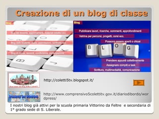 Creazione di un blog di classe




                   http://coletti5tv.blogspot.it/


                   http://www.comprensivo5colettitv.gov.it/diariodibordo/wor
                   dpress/

I nostri blog già attivi per la scuola primaria Vittorino da Feltre e secondaria di
1° grado sede di S. Liberale.
 