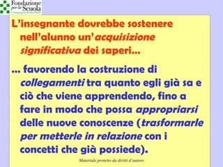 Didattica cognitivista 12
L’insegnante dovrebbe sostenere
nell’alunno un’acquisizione
significativa dei saperi…
… favorendo la costruzione di
collegamenti tra quanto egli già sa e
ciò che viene apprendendo, fino a
fare in modo che possa appropriarsi
delle nuove conoscenze (trasformarle
per metterle in relazione con i
concetti che già possiede).
Materiale protetto da diritti d’autore
 