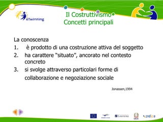 Il Costruttivismo
Concetti principali
La conoscenza
1. è prodotto di una costruzione attiva del soggetto
2. ha carattere “situato”, ancorato nel contesto
concreto
3. si svolge attraverso particolari forme di
collaborazione e negoziazione sociale
Jonassen,1994
 