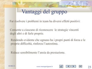 Vantaggi del gruppo
03/08/13 www.renatopatrignani.it
23
Far risolvere i problemi in team ha diversi effetti positivi:
Riduce sensibilmente l’ansia da prestazione.
Consente a ciascuno di riconoscere le strategie vincenti
degli altri e di farle proprie.
Rendendo evidente che ognuno ha i propri punti di forza e le
proprie difficoltà, rinforza l’autostima.
 
