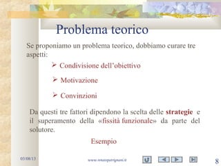Problema teorico
03/08/13 www.renatopatrignani.it
8
Se proponiamo un problema teorico, dobbiamo curare tre
aspetti:
 Condivisione dell’obiettivo
 Motivazione
 Convinzioni
Da questi tre fattori dipendono la scelta delle strategie e
il superamento della «fissità funzionale» da parte del
solutore.
Esempio
 