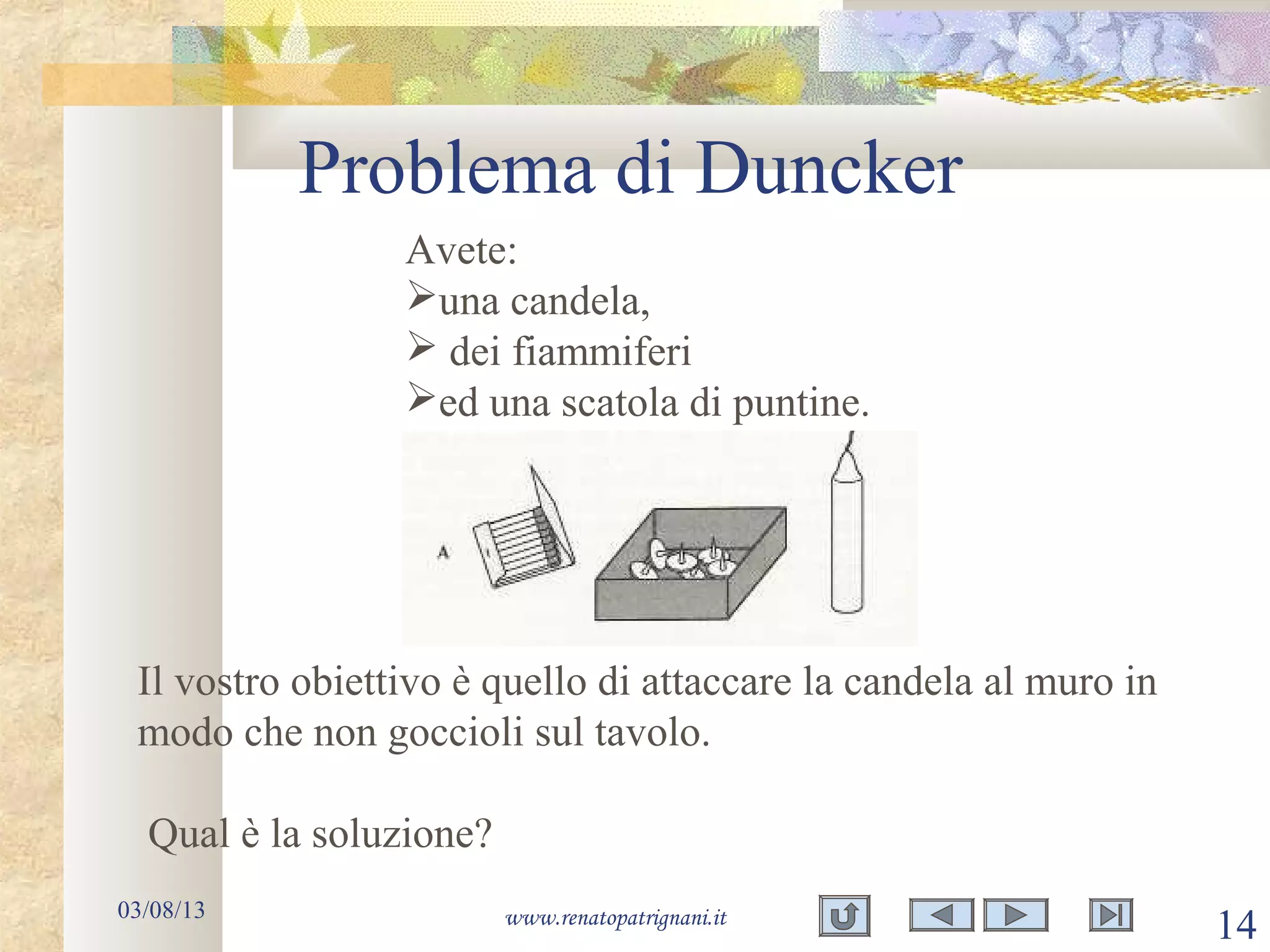 Problema di Duncker
03/08/13 www.renatopatrignani.it
14
Avete:
una candela,
 dei fiammiferi
ed una scatola di puntine.
Il vostro obiettivo è quello di attaccare la candela al muro in
modo che non goccioli sul tavolo.
Qual è la soluzione?
 