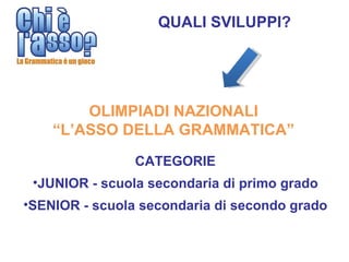 QUALI SVILUPPI?




        OLIMPIADI NAZIONALI
    “L’ASSO DELLA GRAMMATICA”
                CATEGORIE
 •JUNIOR - scuola secondaria di primo grado
•SENIOR - scuola secondaria di secondo grado
 