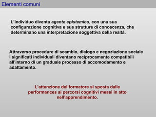 Elementi comuni
L’individuo diventa agente epistemico, con una sua
configurazione cognitiva e sue strutture di conoscenza, che
determinano una interpretazione soggettiva della realtà.
L’attenzione del formatore si sposta dalle
performances ai percorsi cognitivi messi in atto
nell’apprendimento.
Attraverso procedure di scambio, dialogo e negoziazione sociale
i significati individuali diventano reciprocamente compatibili
all’interno di un graduale processo di accomodamento e
adattamento.
 