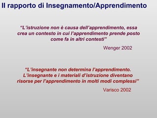 Il rapporto di Insegnamento/Apprendimento
“L’istruzione non è causa dell’apprendimento, essa
crea un contesto in cui l’apprendimento prende posto
come fa in altri contesti”
Wenger 2002
“L’insegnante non determina l’apprendimento.
L’insegnante e i materiali d’istruzione diventano
risorse per l’apprendimento in molti modi complessi”
Varisco 2002
 