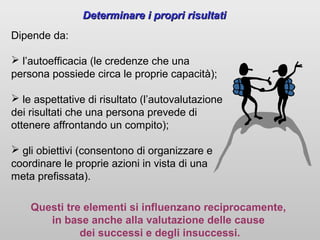 Dipende da:
 l’autoefficacia (le credenze che una
persona possiede circa le proprie capacità);
 le aspettative di risultato (l’autovalutazione
dei risultati che una persona prevede di
ottenere affrontando un compito);
 gli obiettivi (consentono di organizzare e
coordinare le proprie azioni in vista di una
meta prefissata).
Questi tre elementi si influenzano reciprocamente,
in base anche alla valutazione delle cause
dei successi e degli insuccessi.
Determinare i propri risultatiDeterminare i propri risultati
 
