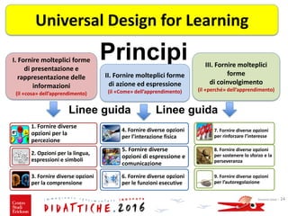 Principi
Linee guida Linee guida
Giovanni Savia - 24
Universal Design for Learning
I. Fornire molteplici forme
di presentazione e
rappresentazione delle
informazioni
(il «cosa» dell’apprendimento)
II. Fornire molteplici forme
di azione ed espressione
(il «Come» dell’apprendimento)
III. Fornire molteplici
forme
di coinvolgimento
(il «perché» dell’apprendimento)
1. Fornire diverse
opzioni per la
percezione
2. Opzioni per la lingua,
espressioni e simboli
3. Fornire diverse opzioni
per la comprensione
4. Fornire diverse opzioni
per l’interazione fisica
5. Fornire diverse
opzioni di espressione e
comunicazione
6. Fornire diverse opzioni
per le funzioni esecutive
7. Fornire diverse opzioni
per rinforzare l’interesse
8. Fornire diverse opzioni
per sostenere lo sforzo e la
perseveranza
9. Fornire diverse opzioni
per l’autoregolazione
 