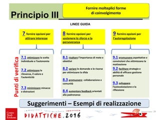 Principio III_________________
LINEE GUIDA
7 fornire opzioni per
attirare interesse
8 fornire opzioni per
sostenere lo sforzo e la
perseveranza
9 fornire opzioni per
l’autoregolazione
Puntidiverifica
7.1 ottimizzare la scelta
individuale e l’autonomia
7.2 ottimizzare la
rilevanza, il valore e
l’autenticità
7.3 minimizzare minacce
e distrazioni
9.1 promuovere aspettative e
convinzioni che ottimizzano la
motivazione
9.2 facilitare strategie e
abilità di efficace gestione
personale
9.3 sviluppare
l’autovalutazione e la
riflessione
8.1 risaltare l’importanza di mete e
obiettivi
8.2 variare le domande e le risorse
per ottimizzare la sfida
8.3 promuovere collaborazione e
comunità
8.4 aumentare feedback orientati
alla padronanza
Giovanni Savia - 29
Fornire molteplici forme
di coinvolgimento
Suggerimenti – Esempi di realizzazione
 