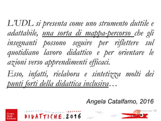 Giovanni Savia - 33
L’UDL si presenta come uno strumento duttile e
adattabile, una sorta di mappa-percorso che gli
insegnanti possono seguire per riflettere sul
quotidiano lavoro didattico e per orientare le
azioni verso apprendimenti efficaci.
Esso, infatti, rielabora e sintetizza molti dei
punti forti della didattica inclusiva…
Angela Catalfamo, 2016
 