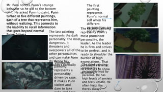 Mr. Pom notices Punn’s strange
behavior so he got to the bottom
of it. He asked Punn to paint. Punn
turned in five different paintings,
each of a tree that represents him,
without realizing. This connects to
the inability to recall information
that goes beyond normal
forgetfulness.
The first
painting
represents
Punn’s normal
self when his
different
personalities are
not at large.
The second painting
represents Punn’s
most prominent
personality, the
leader. As the leader
he is firm and strives
to be perfect, and is
ready to shoulder the
burden of high
expectations. That
personality is what
he chooses to show
to others.
The third painting
represents a
personality lead by
paranoia. He has
high levels of anxiety
and feels unsafe. He
often feels like
theres always
The fourth
painting
represents a
personality
driven by rage.
It makes Punn
violent and
dare to take
The last painting
represents the dark
personality, the most
dangerous. It
threatens and
overpowers all of the
other personalities
and can make Punn
do things he
wouldn’t normally
do.
 