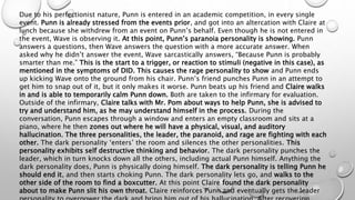Due to his perfectionist nature, Punn is entered in an academic competition, in every single
event. Punn is already stressed from the events prior, and got into an altercation with Claire at
lunch because she withdrew from an event on Punn’s behalf. Even though he is not entered in
the event, Wave is observing it. At this point, Punn’s paranoia personality is showing. Punn
answers a questions, then Wave answers the question with a more accurate answer. When
asked why he didn’t answer the event, Wave sarcastically answers, “Because Punn is probably
smarter than me.” This is the start to a trigger, or reaction to stimuli (negative in this case), as
mentioned in the symptoms of DID. This causes the rage personality to show and Punn ends
up kicking Wave onto the ground from his chair. Punn’s friend punches Punn in an attempt to
get him to snap out of it, but it only makes it worse. Punn beats up his friend and Claire walks
in and is able to temporarily calm Punn down. Both are taken to the infirmary for evaluation.
Outside of the infirmary, Claire talks with Mr. Pom about ways to help Punn, she is advised to
try and understand him, as he may understand himself in the process. During the
conversation, Punn escapes through a window and enters an empty classroom and sits at a
piano, where he then zones out where he will have a physical, visual, and auditory
hallucination. The three personalities, the leader, the paranoid, and rage are fighting with each
other. The dark personality ‘enters’ the room and silences the other personalities. This
personality exhibits self destructive thinking and behavior. The dark personality punches the
leader, which in turn knocks down all the others, including actual Punn himself. Anything the
dark personality does, Punn is physically doing himself. The dark personality is telling Punn he
should end it, and then starts choking Punn. The dark personality lets go, and walks to the
other side of the room to find a boxcutter. At this point Claire found the dark personality
about to make Punn slit his own throat. Claire reinforces Punn and eventually gets the leader
 