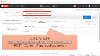 生成したJWSを
https://beta.register.did.microsoft.com/api/v1.1
へPOST（Content-Type: application/jwt）
Copyright 2019 Naohiro Fuji...