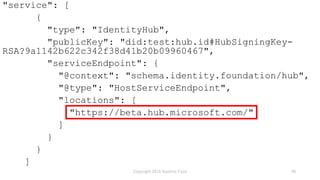 "service": [
{
"type": "IdentityHub",
"publicKey": "did:test:hub.id#HubSigningKey-
RSA?9a1142b622c342f38d41b20b09960467",
...