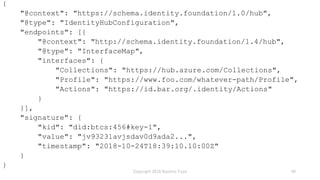 {
"@context": "https://schema.identity.foundation/1.0/hub",
"@type": "IdentityHubConfiguration",
"endpoints": [{
"@context...