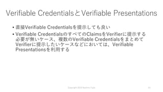 Verifiable CredentialsとVerifiable Presentations
• 直接Verifiable Credentialsを提示しても良い
• Verifiable CredentialsのすべてのClaimsをVer...